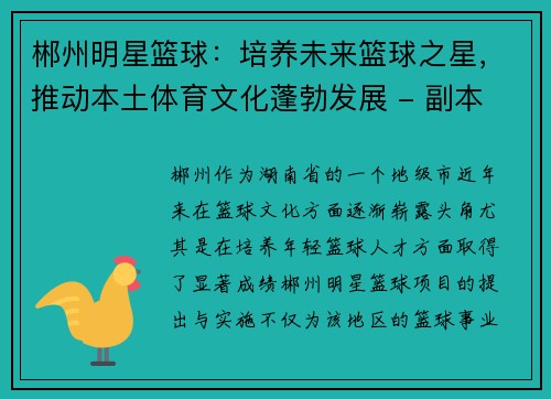 郴州明星篮球：培养未来篮球之星，推动本土体育文化蓬勃发展 - 副本